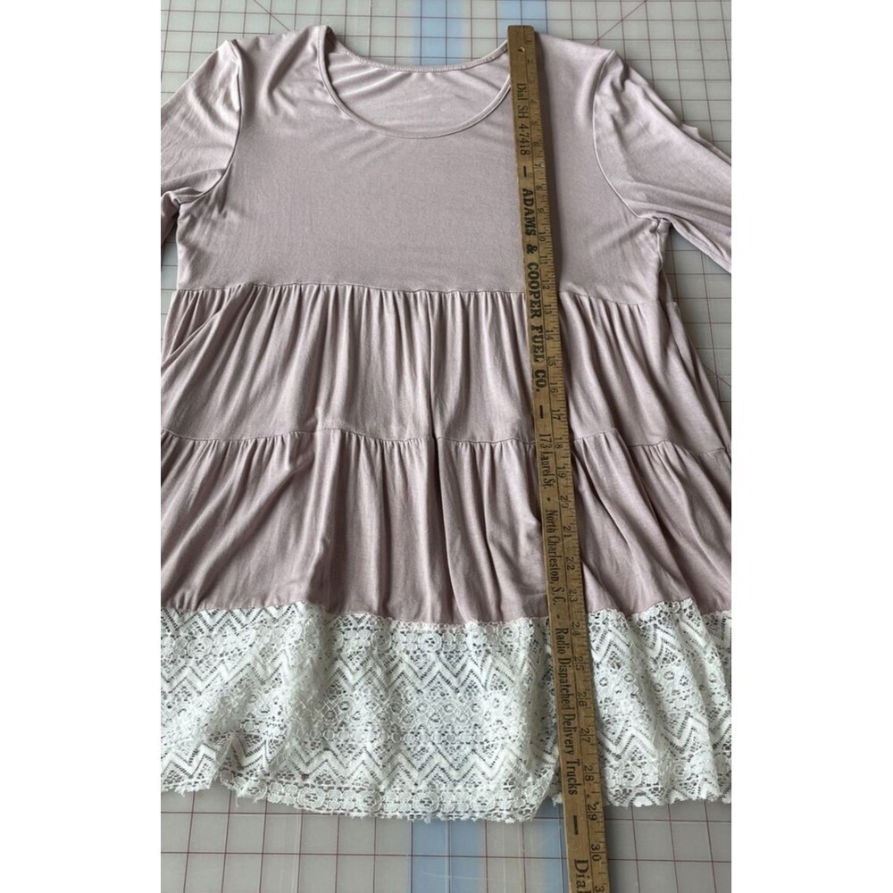 Womens‎ Shirt Medium Pink with Ivory Lace Trim Tiered Babydoll Tunic Top - Picture 9 of 9